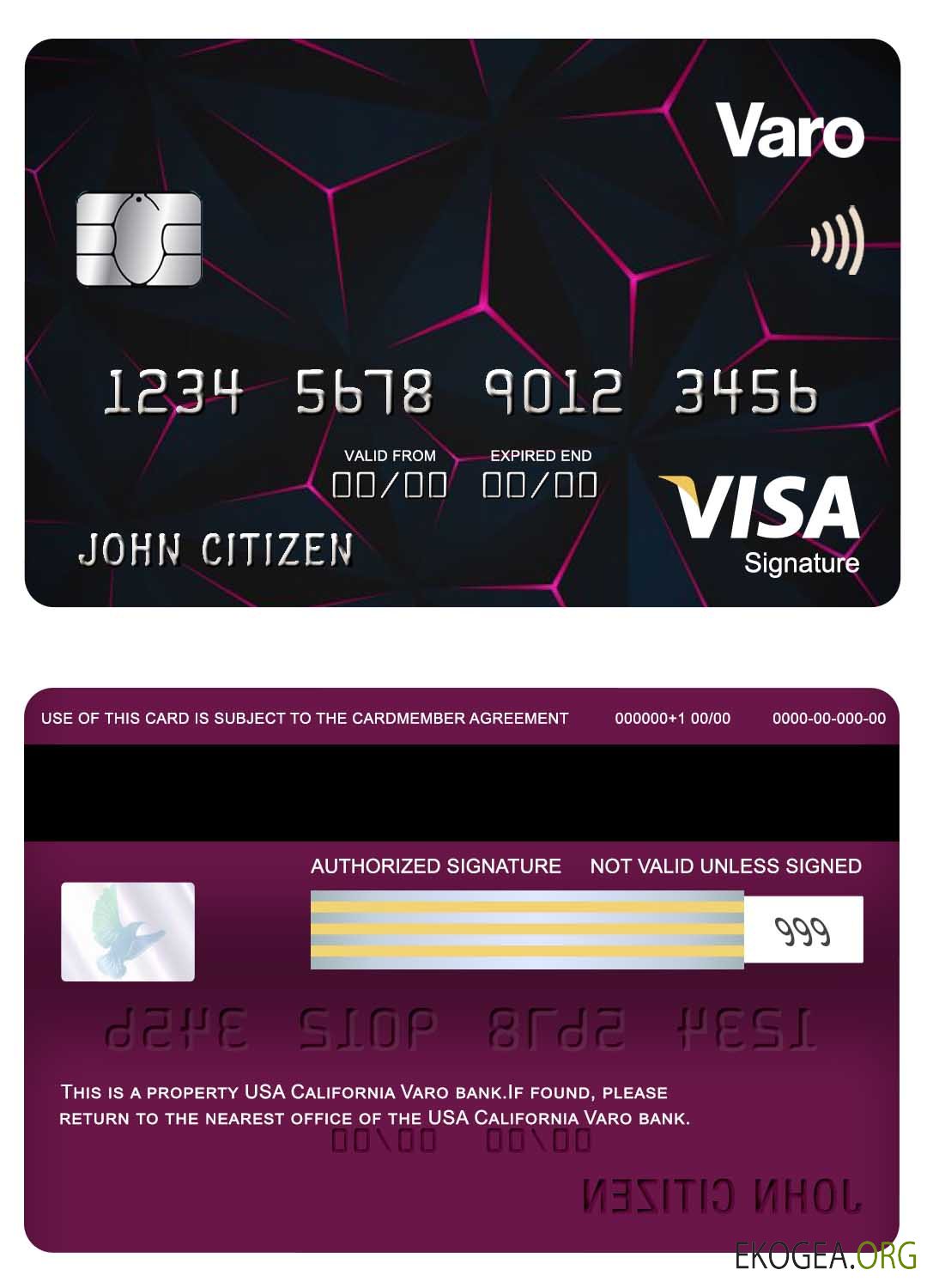 Carte de signature de visa bancaire Varo USA Californie